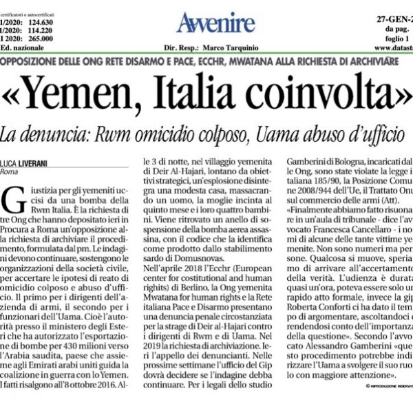 Export di armamenti in Yemen: ieri l'udienza davanti al GIP di Roma